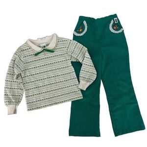 Vintage Kid’s Outfit Garanimals‎ Pants Shirt Stripe Hearts Green Size 5